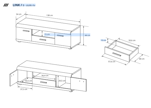 Stolik RTV LINK B 138 × 44 × 54 cm – wymiary