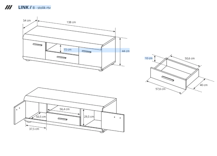 Stolik RTV LINK B 138 × 44 × 54 cm – wymiary