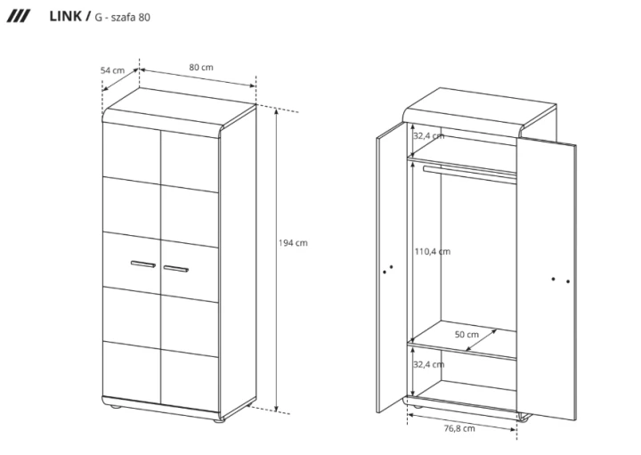 Szafa LINK G 80 × 194 × 54 cm – wymiary