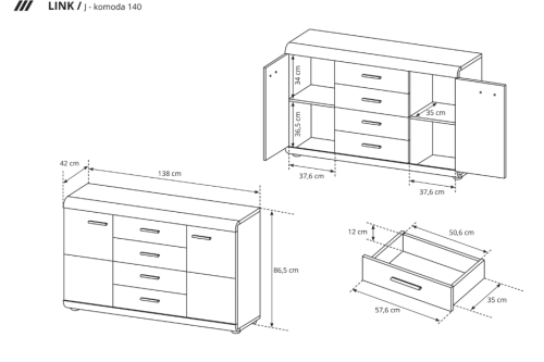 Komoda LINK J 140 × 86,5 × 42 cm – wymiary