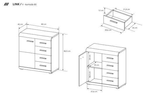 Komoda LINK X 80 × 86,5 × 42 cm – wymiary