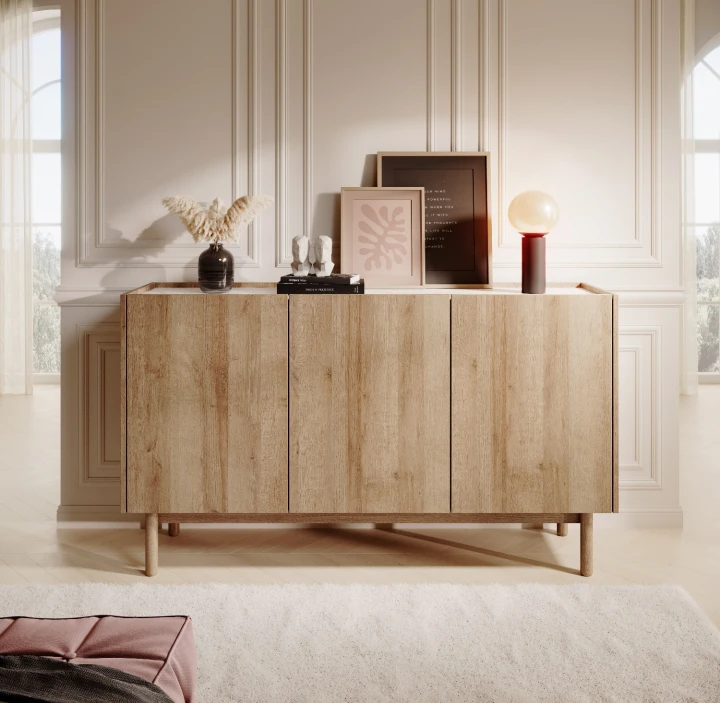 Komoda szeroka BOHO KB-83 dąb riviera marmur bianco – elegancka komoda do salonu w stylu boho